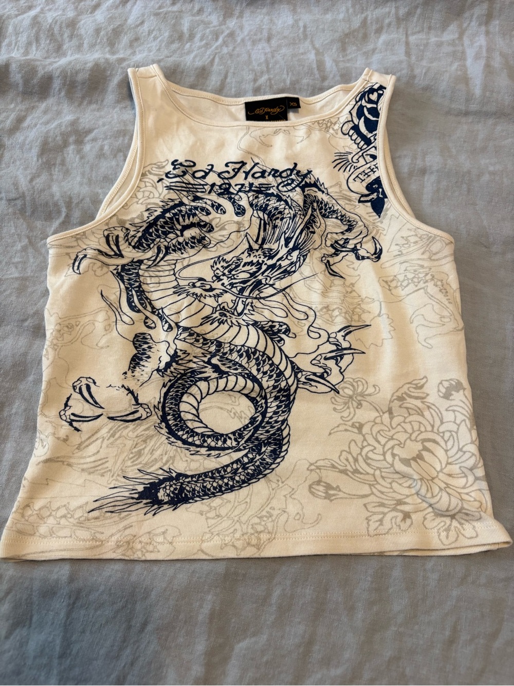 Ed Hardy x Urban Outfitters Cream Tank Top with Navy Dragon Print